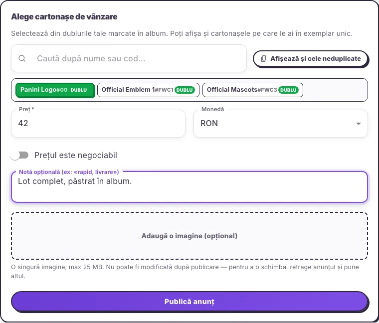 Hola25 form with stickers and listing details selected