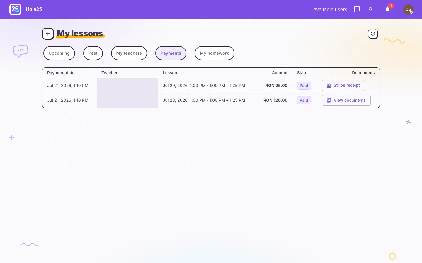 Payment history with the Stripe Invoice and refund progress in the Hola25 web interface