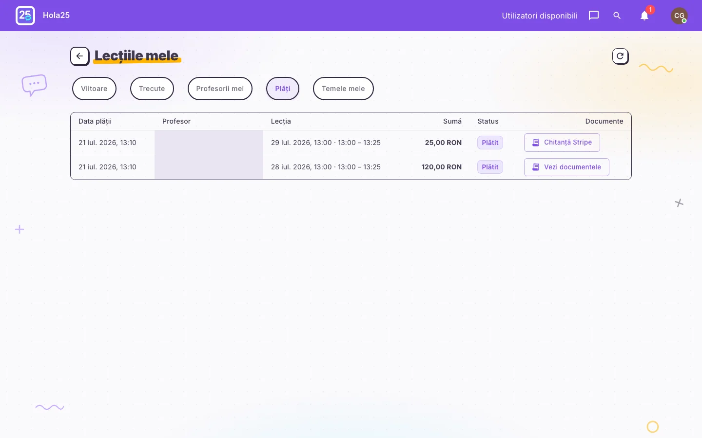 Istoricul plăților cu Chitanță Stripe și etapele rambursării în interfața web Hola25