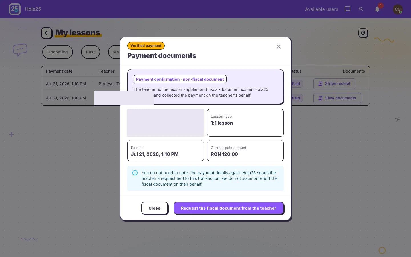 The supplier-issued document dialog in the Hola25 web interface