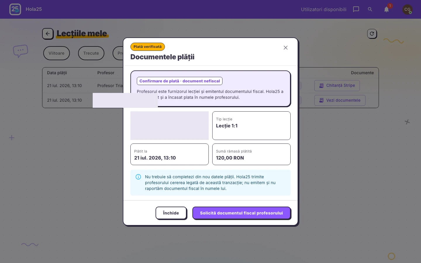 Dialogul documentelor emise de furnizor în interfața web Hola25
