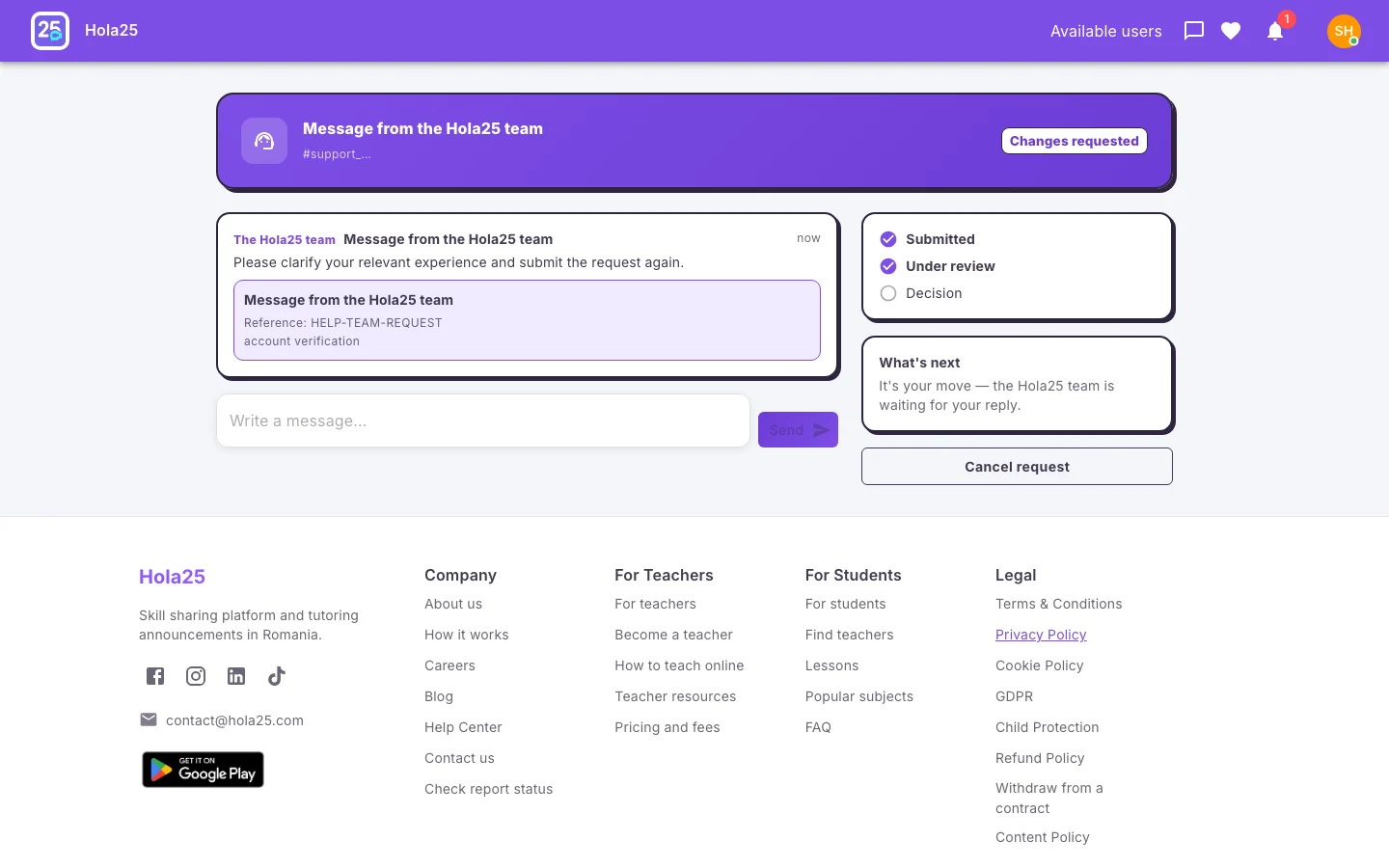 The private request and reply to the team in the Hola25 web interface