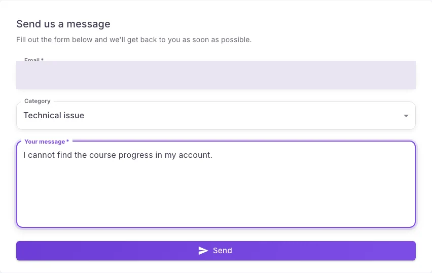The public contact form and categories in the Hola25 web interface