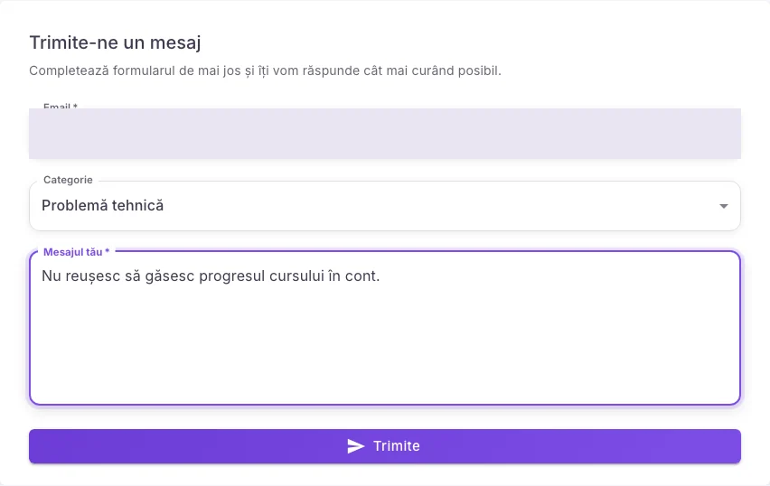 Formularul public de contact și categorii în interfața web Hola25
