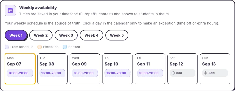Configuring availability and booking rules in the Hola25 web interface