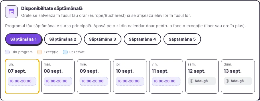 Configurarea disponibilității și regulilor în interfața web Hola25
