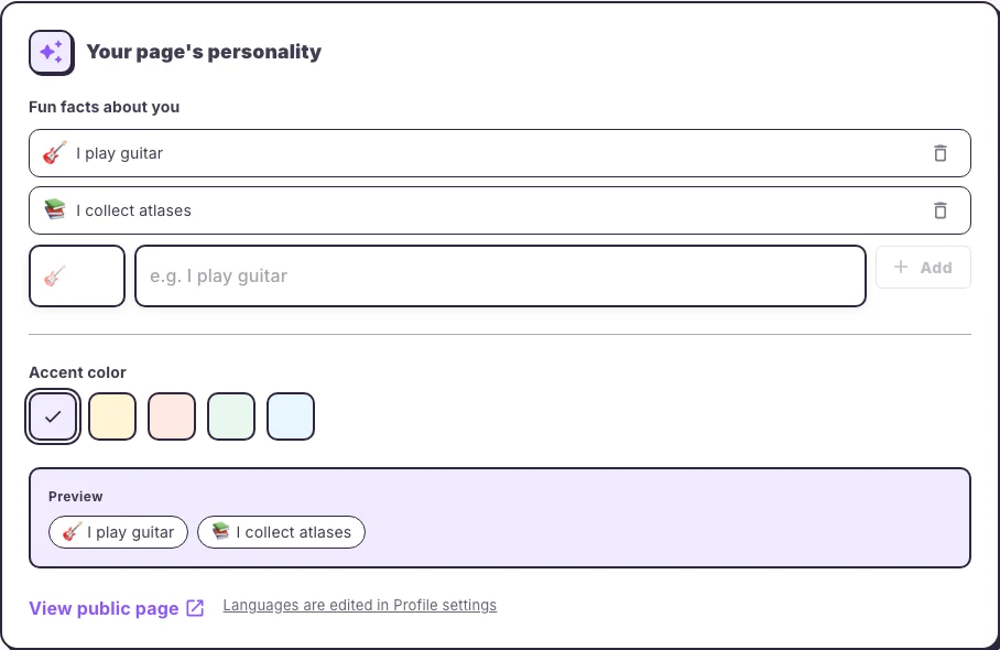 Fun facts and booking-page accent color in the Hola25 web interface