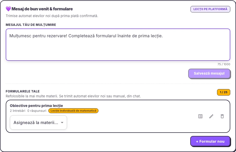 Completarea formularelor cerute profesorului în interfața web Hola25
