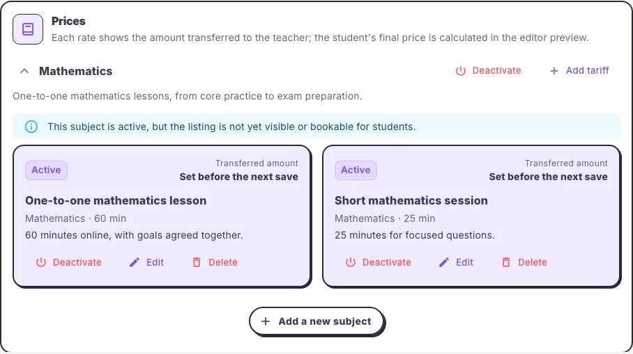 Configuring rates for lessons in the Hola25 web interface