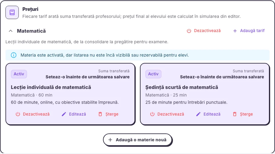 Configurarea tarifelor pentru lecții în interfața web Hola25