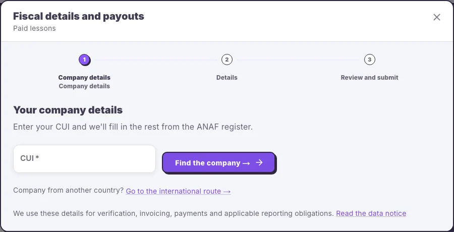 The Fiscal data and payouts dialog in the Hola25 Tutor account