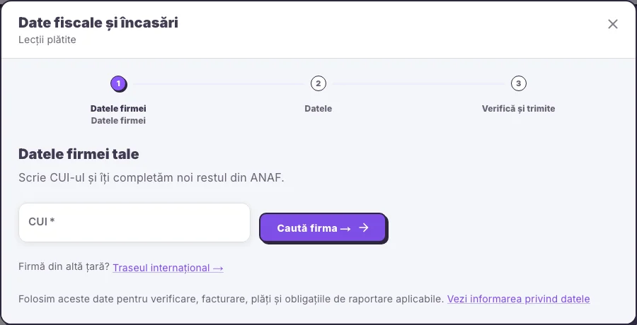 Dialogul Date fiscale și încasări din Contul de profesor Hola25