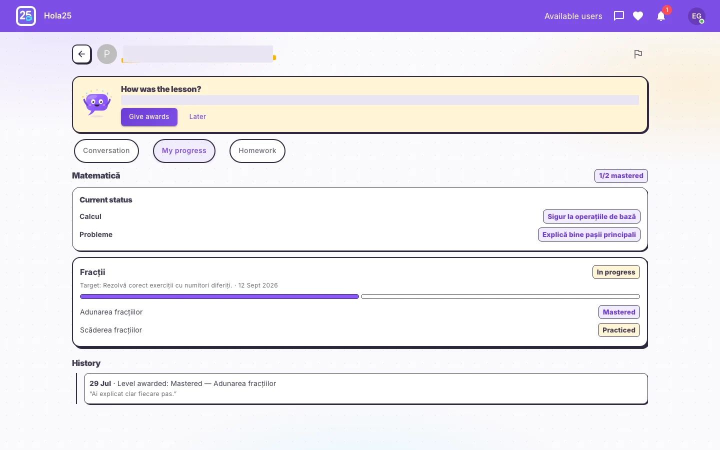 Shared progress in read-only mode in the Hola25 web interface