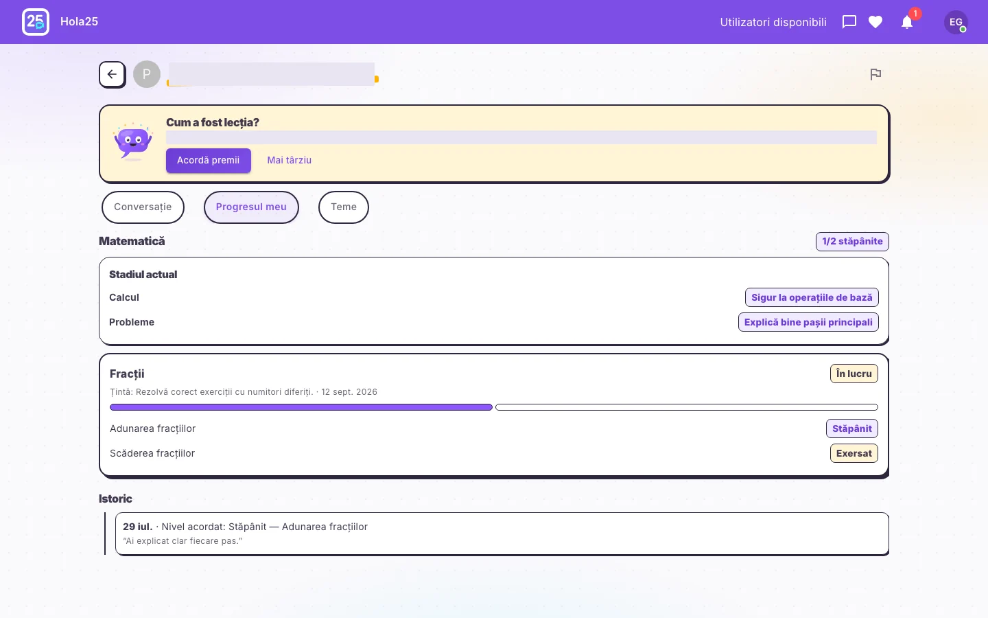 Progresul partajat în modul doar citire în interfața web Hola25