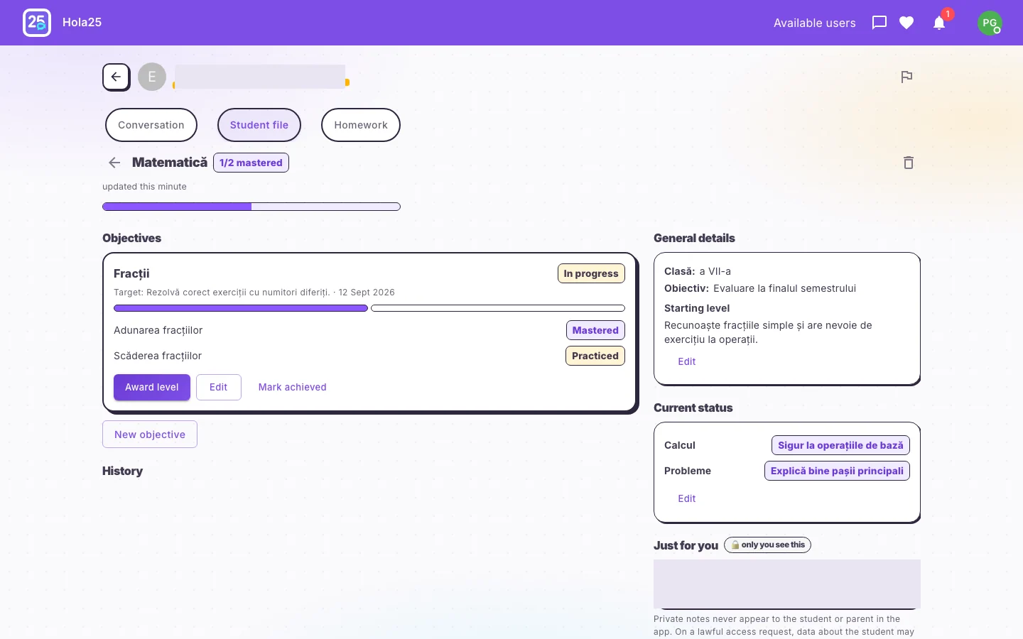 The student record with goals and progress in the Hola25 web interface