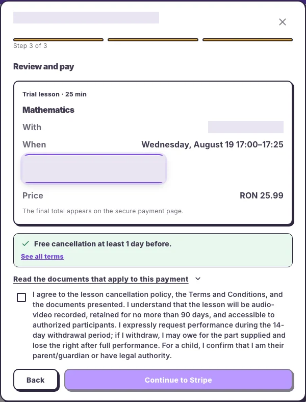 Confirming a Trial booking for a child before opening Stripe