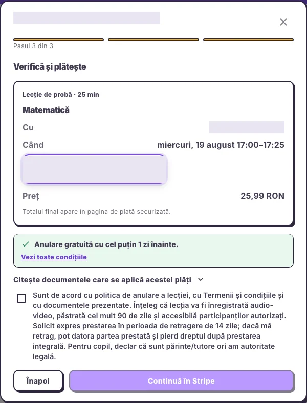 Confirmarea rezervării unei lecții de probă pentru copil înainte de pagina Stripe