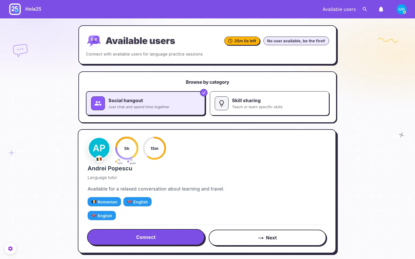 Available person card and action for sending a connection request