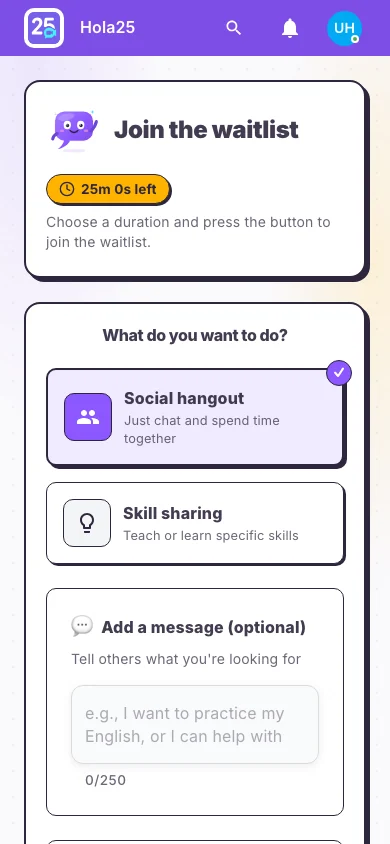 Waitlist page with the Social hangout and Skill sharing options
