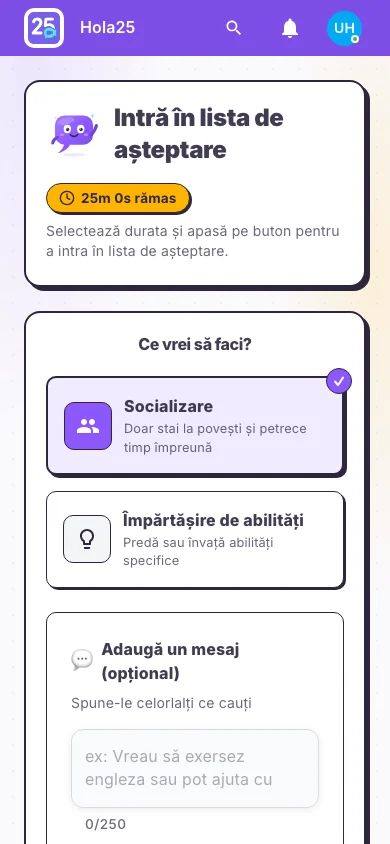 Pagina listei de așteptare cu opțiunile Socializare și Schimb de abilități