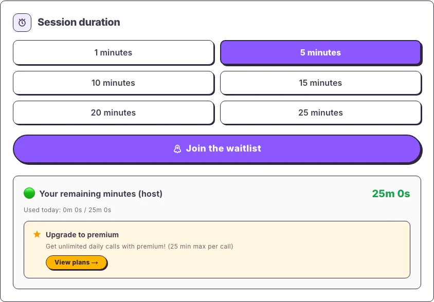 Call duration selector and remaining host minutes on Hola25