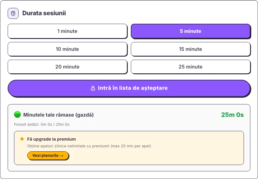 Selectorul duratei apelului și minutele rămase pentru gazdă pe Hola25